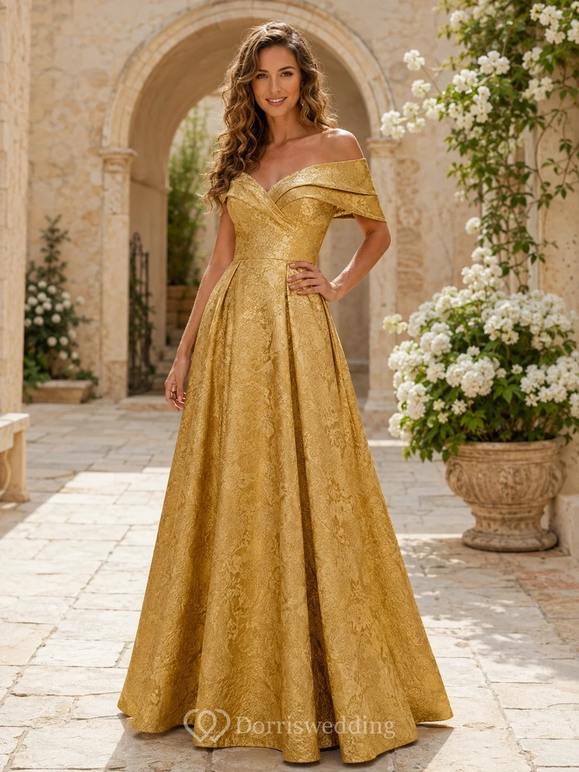 Gold Off Shoulder Short Sleeve Brocade Ball Gown Dress
