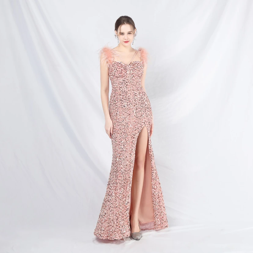 Craft Beaded Ostrich Feather Plush Sequined Long Evening Dress view 38