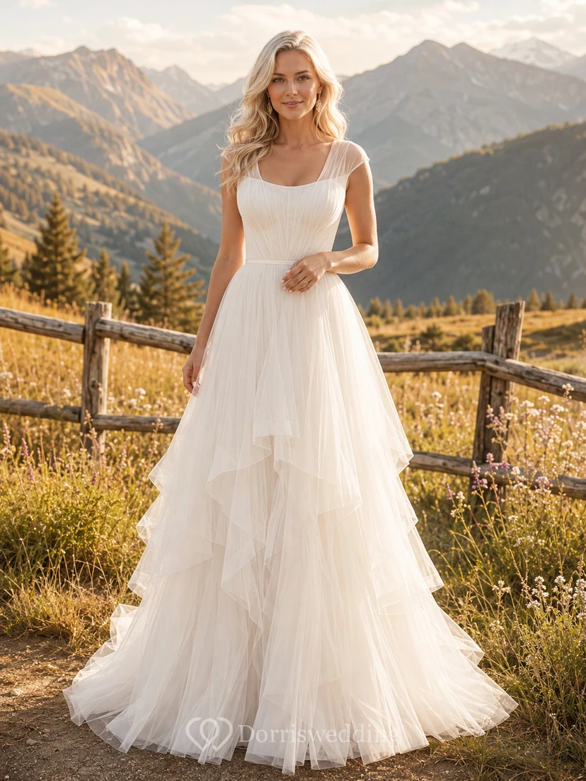 Vestido de novia de tul con escote redondo y capas, estilo pradera alpina, ideal para fugas románticas.