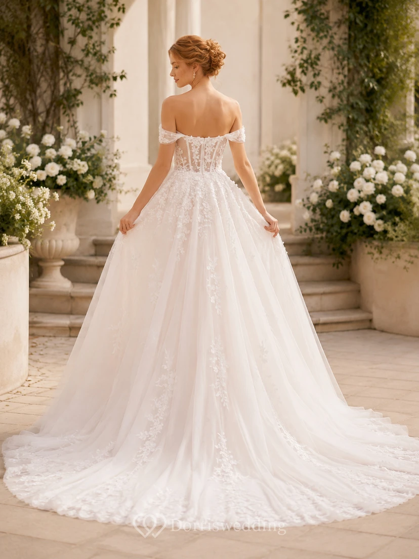 Lace Tulle Wedding Dress A-Line V-Neck Sleeveless Chapel Train Bridal Gown view 2