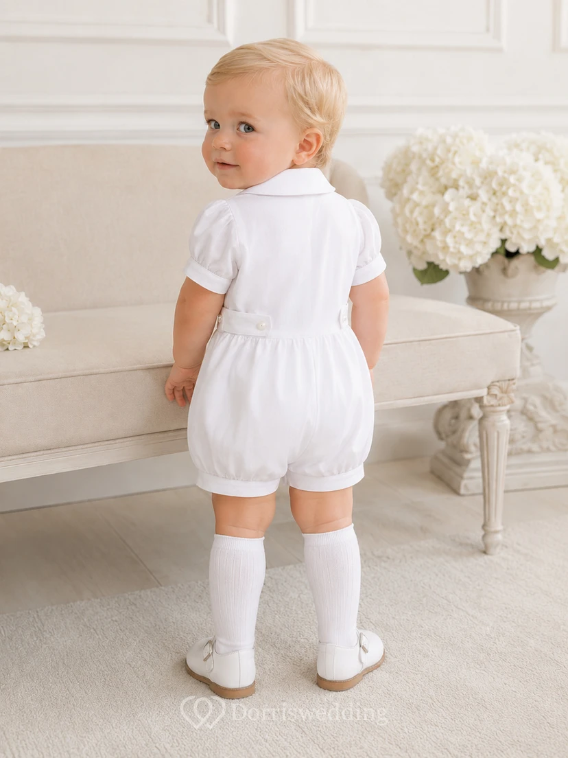 White Pintuck Waistband Collar Short Sleeve Christening Bubble Romper for Baby Boy view 2