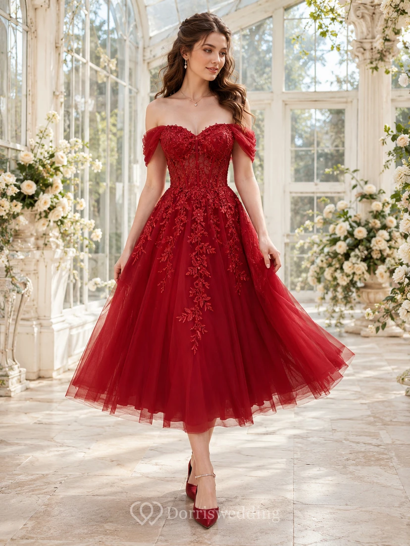 Red Off-Shoulder Lace Tulle A-Line Tea-Length Garden Wedding Dress