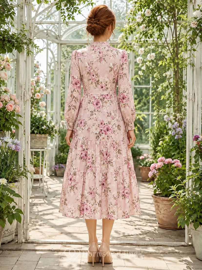Robe midi modeste à col montant et manches longues rose à fleurs view 2