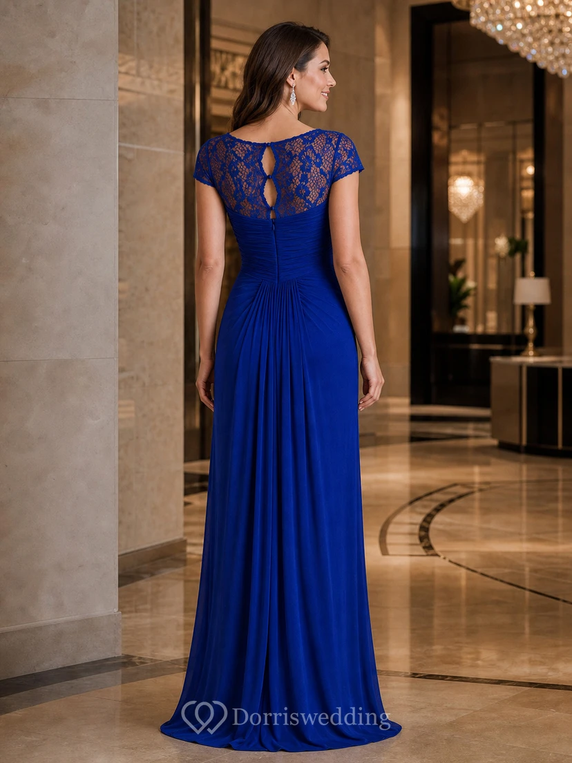 Robe longue à manches courtes froncée pour la mère de la mariée, avec encolure en dentelle illusion view 9