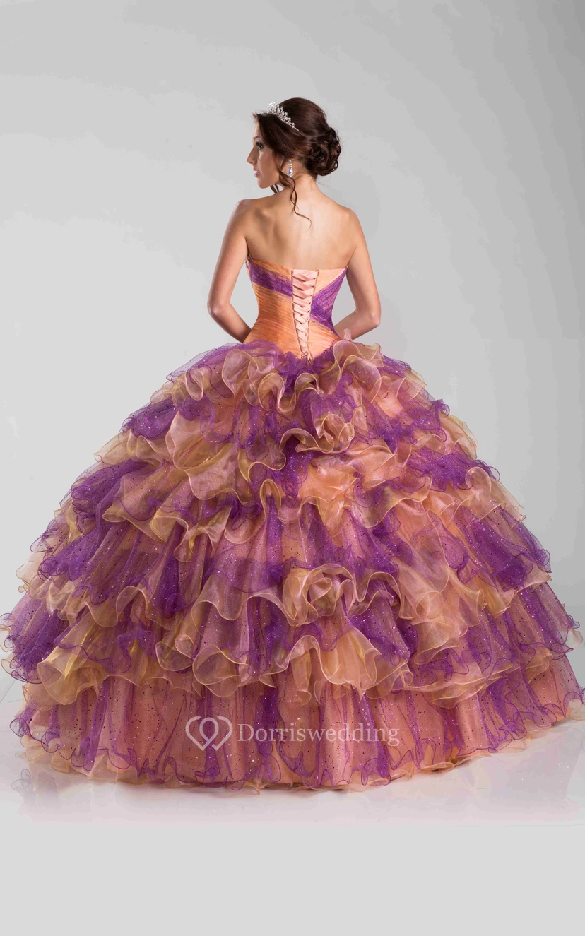Ruched Corset Ball Gown With Cascading Ruffles And Crystal Detailing view 2