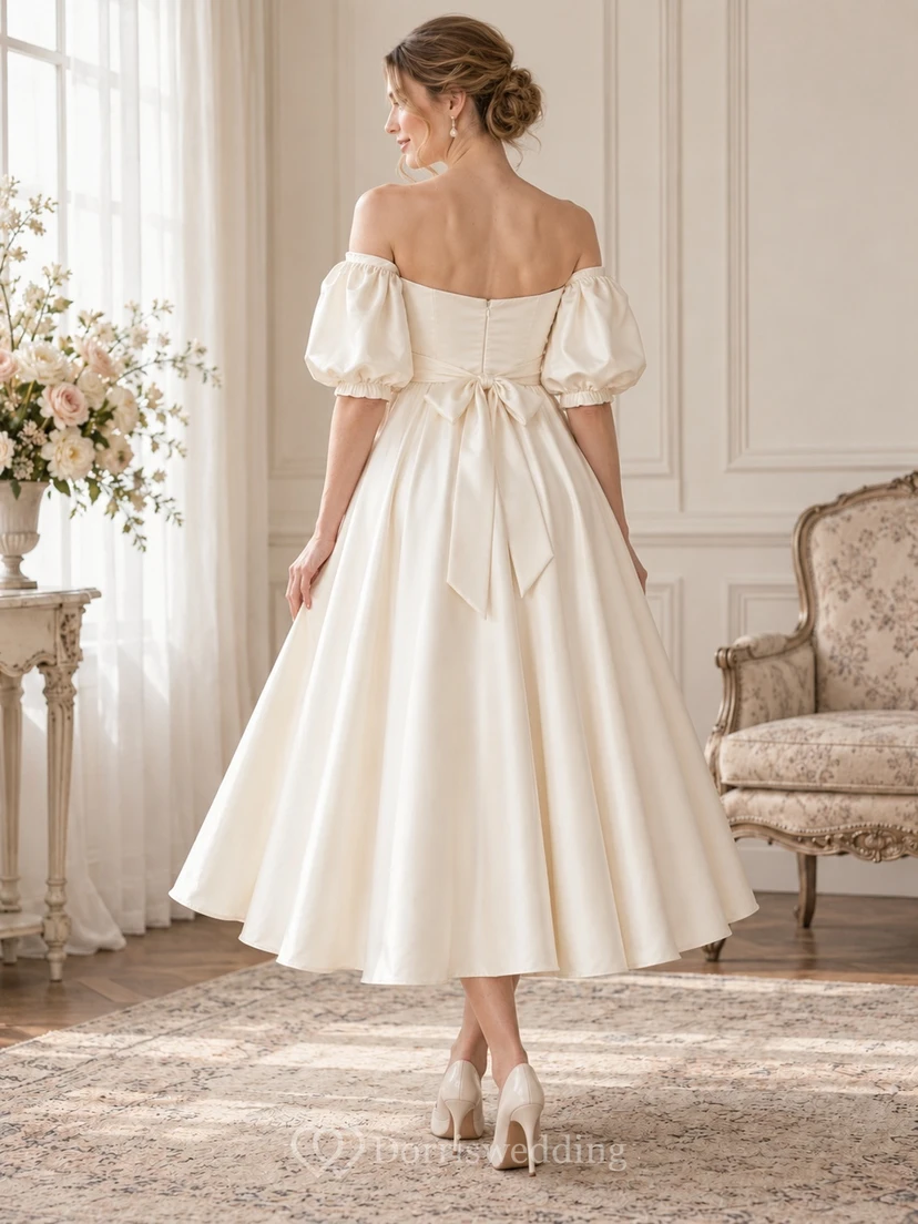 Vintage Maternity Tea-length Off Shoulder Puff Sleeve Satin Wedding Dress view 2