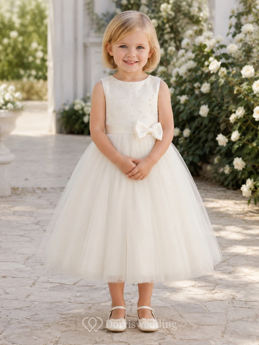 Klassisches A-Linien-Kleid aus Tüllspitze für Blumenmädchen mit kurzen Ärmeln, Rundhalsausschnitt, wadenlangem Rock und Schleifendetail.