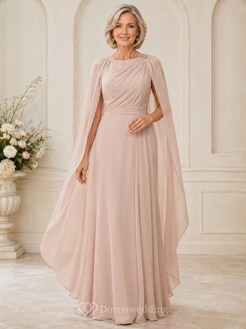 Blush Modest High-Neck Chiffon A-Line Floor-Length Mother of the Bride Gown with Long Draped Cape Sleeves