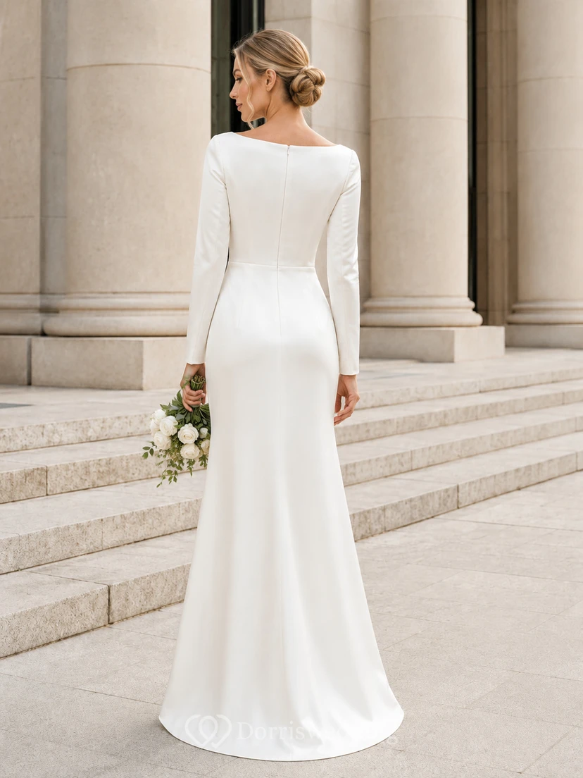 Modern Long Sleeve Bateau Satin Civil Bridal Gown view 2