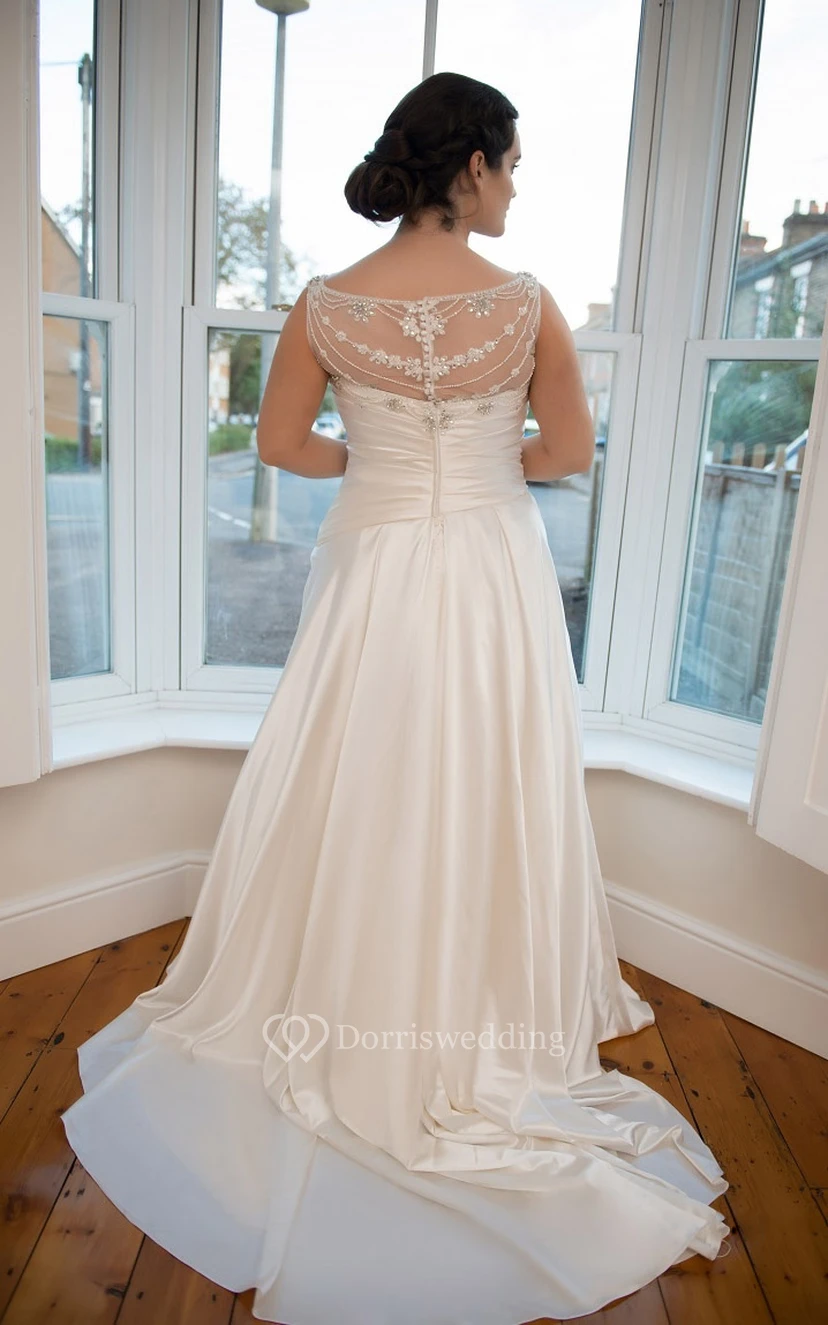 A-Line Floor-Length V-Neck Sleeveless Satin Court Train Illusion Ruching Dress view 2