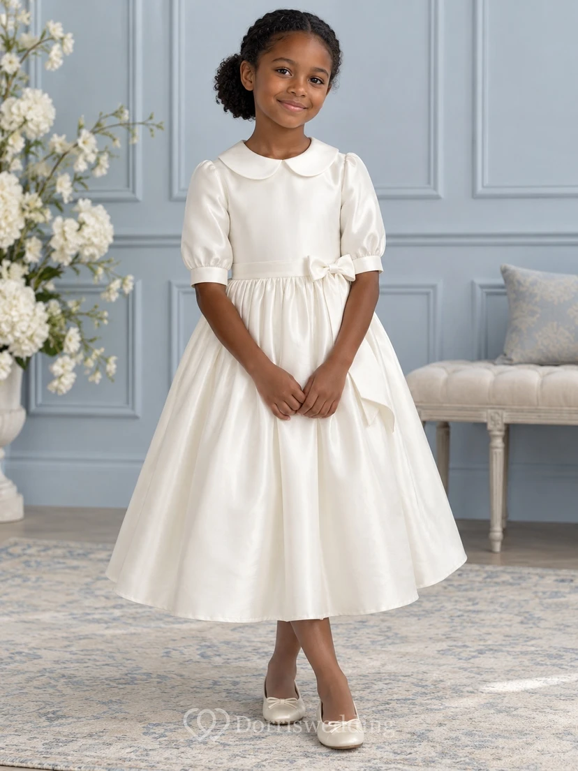Tea-length Vintage Ivory A-line Satin Collared Puff-sleeve Side-bow Flower Girl Dress