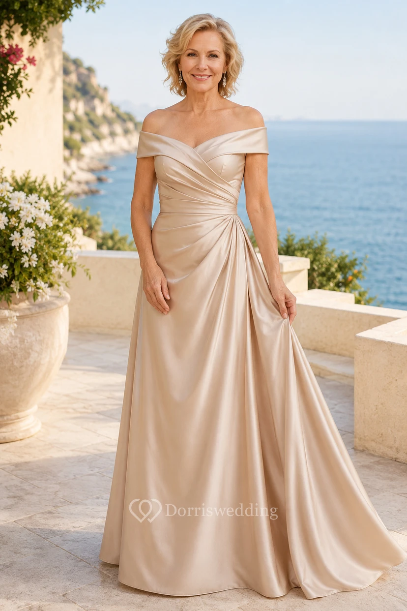Champagnerfarbenes schulterfreies A-Linien-Kleid aus Satin für Mütter