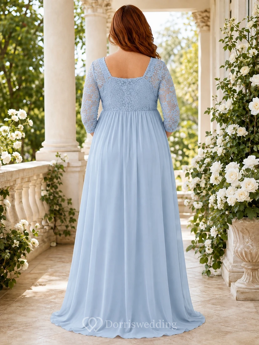 Sky Blue Plus-Size Maternity Lace Square-Neck A-Line Floor-Length Half-Sleeve Romantic Evening Gown view 2