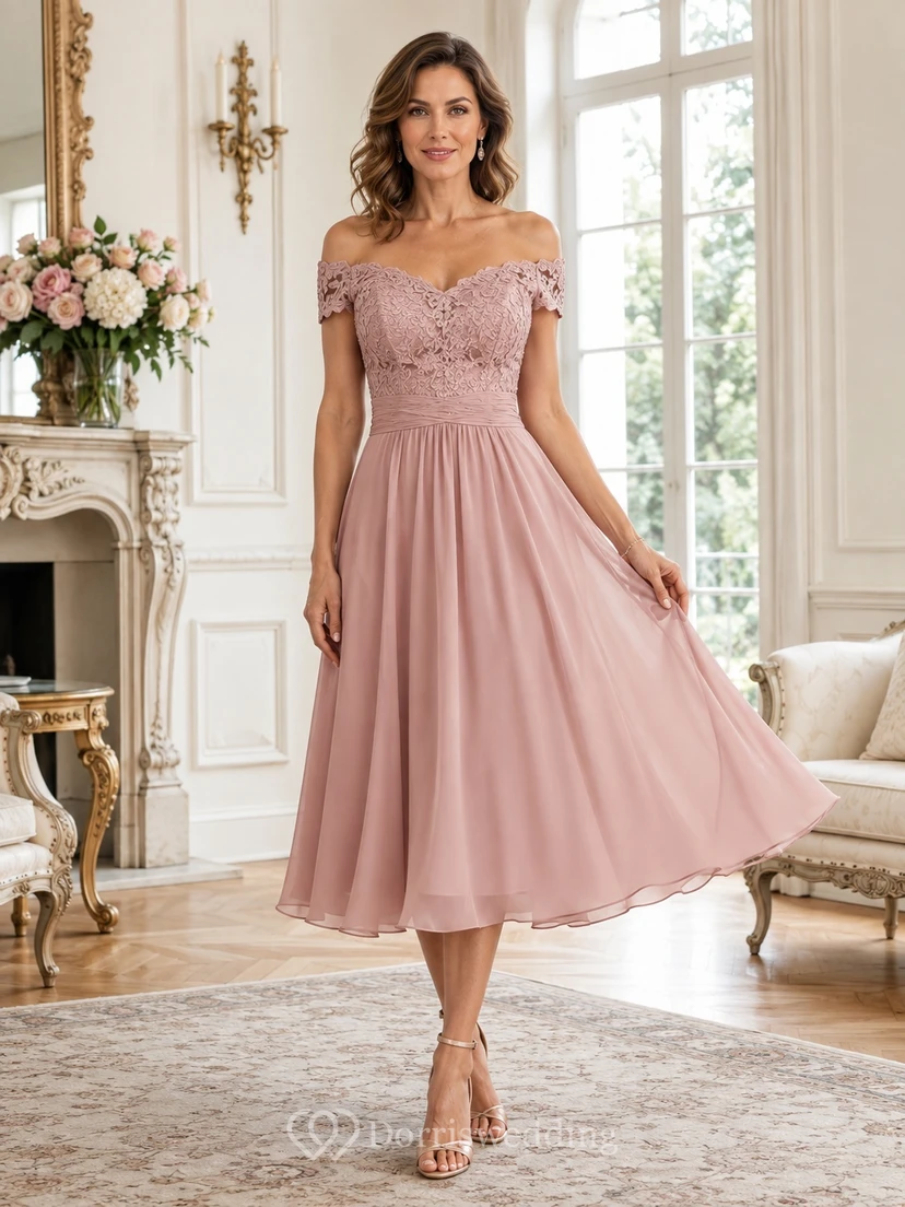 Dusty Rose Off-the-shoulder Pleated Chiffon A-Line Tea-length Romantic Dress