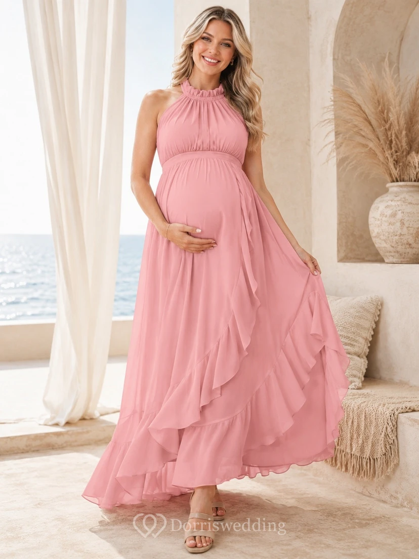 Pink Chiffon Halter Maternity Pleated A-line Floor-length Gown