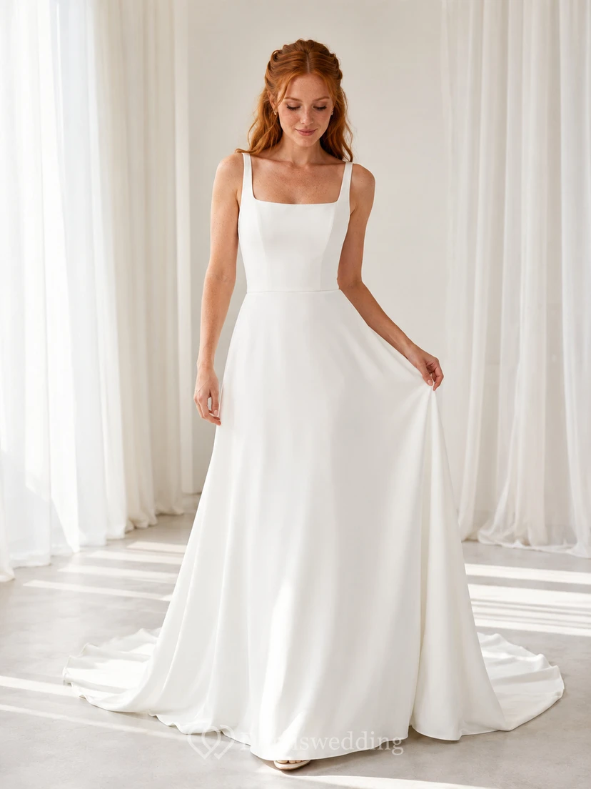 Square Neck Straps Crepe A Line Chapel Train Wedding Dress