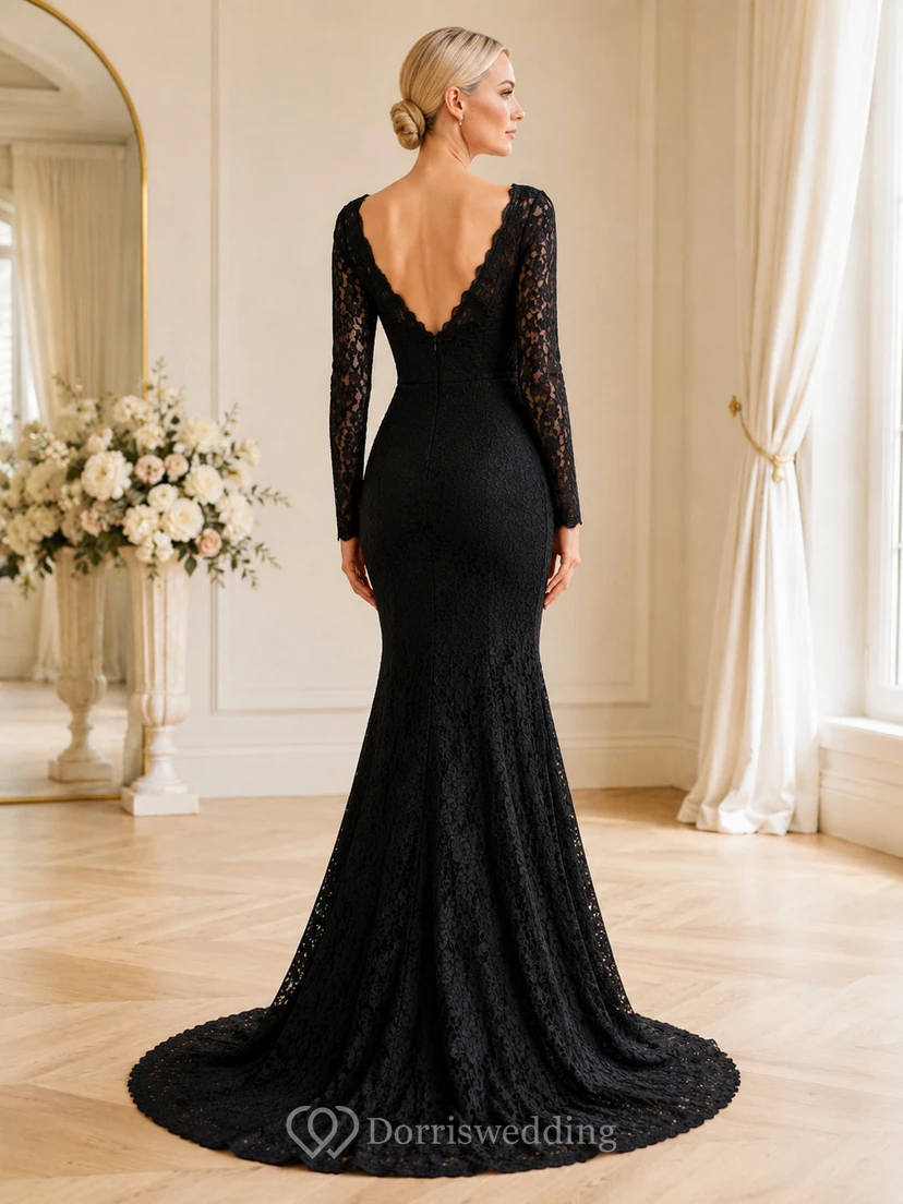 Elegant Black Square Neck Long Sleeve Lace Mermaid Low V Back Wedding Dress view 2