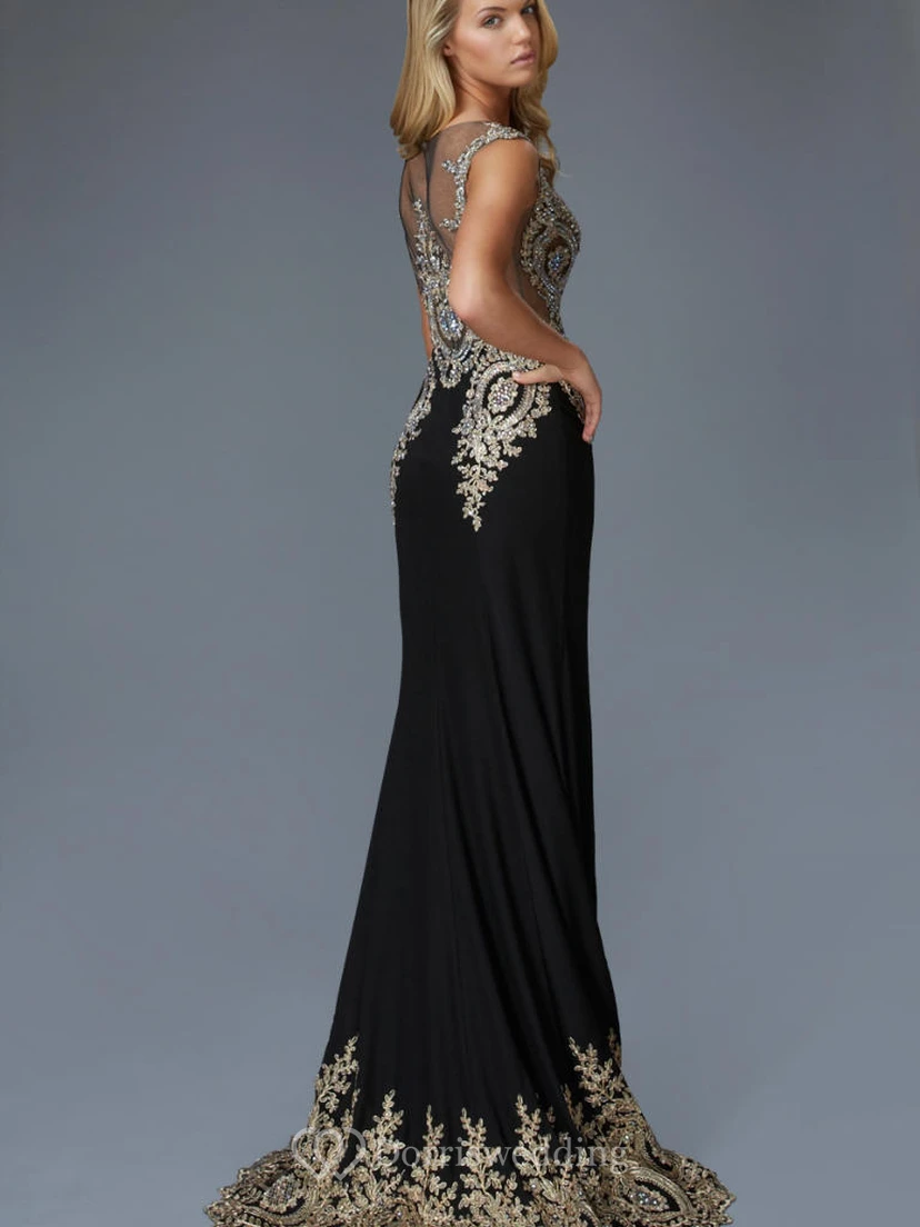 Sheath Maxi Bateau Sleeveless Jersey Illusion Dress With Beading And Pleats view 2