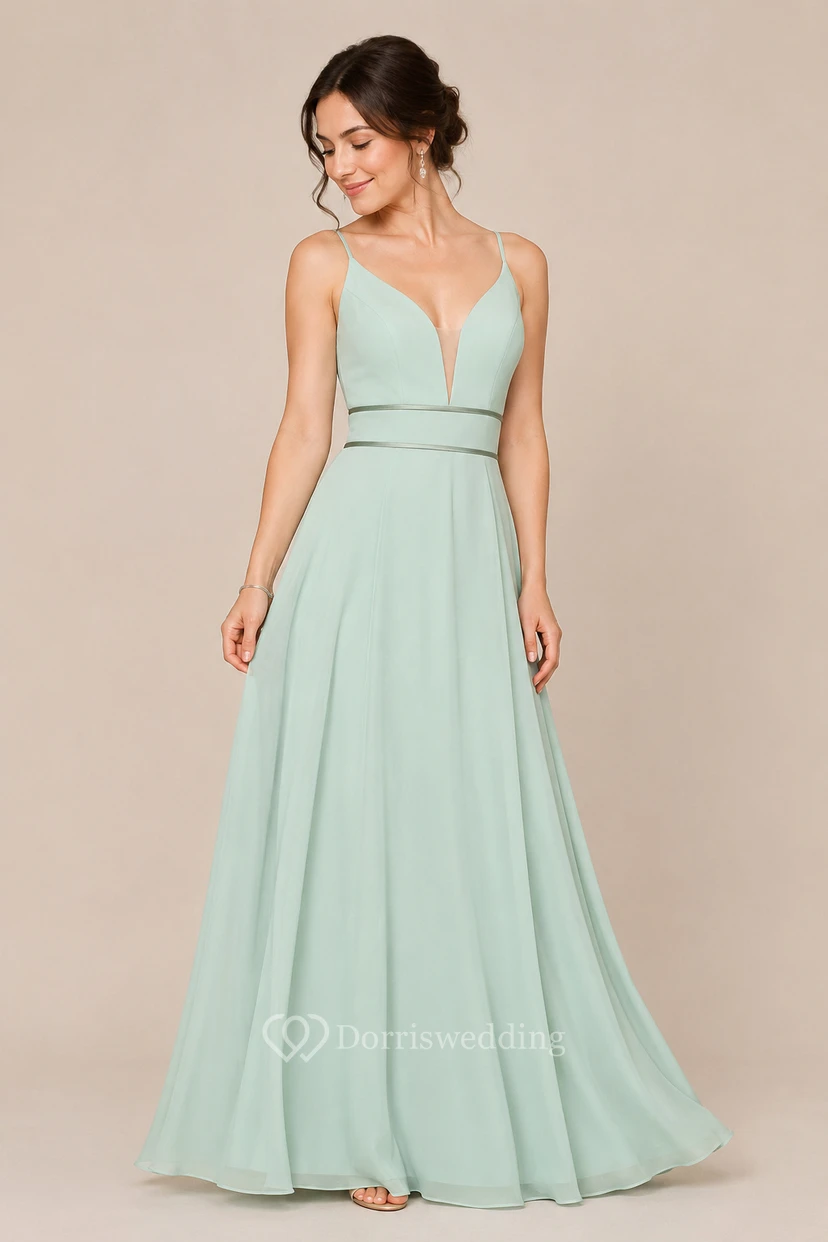 Robe de demoiselle d'honneur longue en mousseline, coupe trapèze, col en V, sans bretelles, ornée d'un ruban et d'un décolleté en V plongeant. view 9