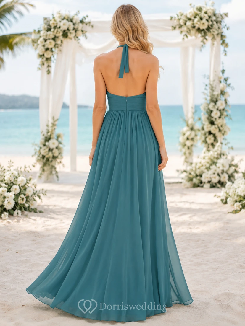 Teal halter pleated chiffon floor length beach bridesmaid dress view 2