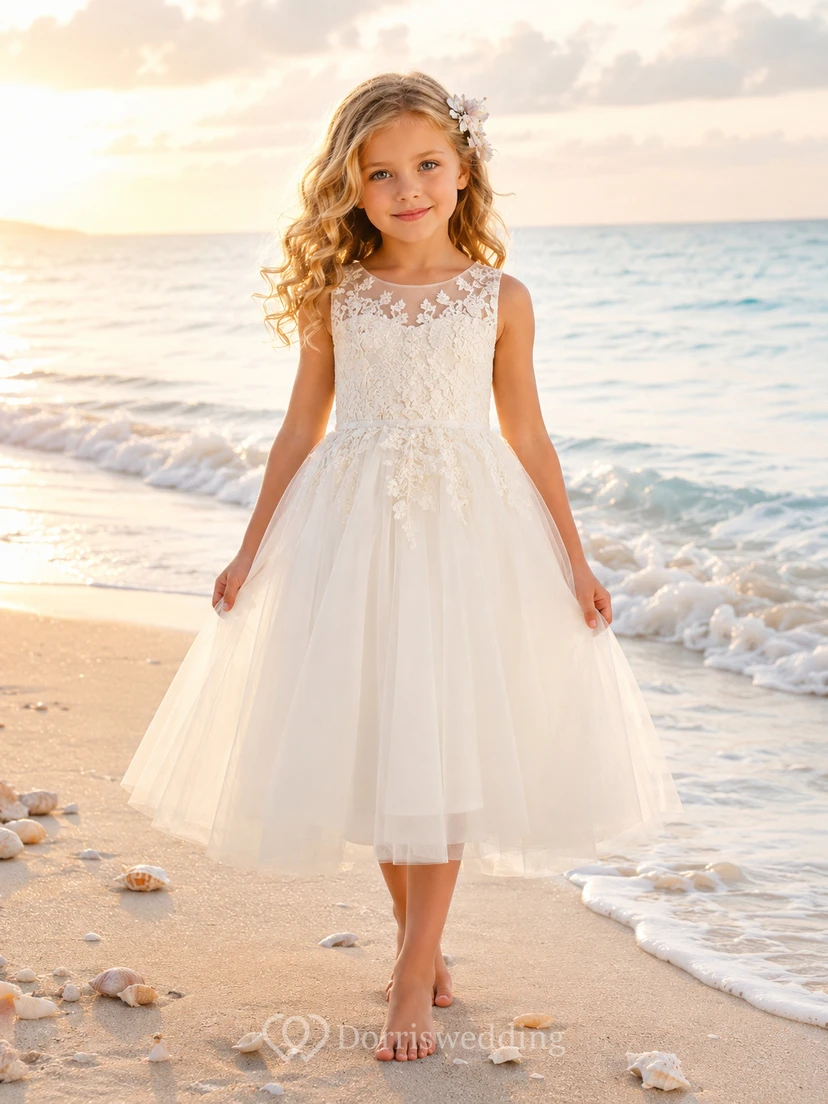A-Line Flowergirl Lace Tulle Floor-Length Sleeveless Floral Applique Beach Wedding Dress