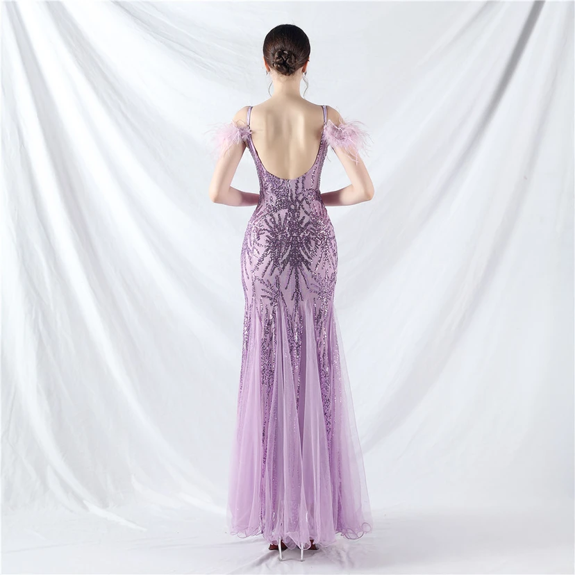 9-farbiges, handgefertigtes Abendkleid aus Kamelfedern, Netzstoff und Pailletten, sexy Trägern view 56
