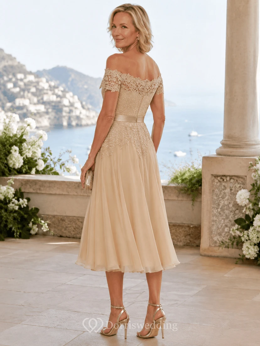 Champagne Off-the-Shoulder Lace Tea-Length Mother of the Bride Dress view 2