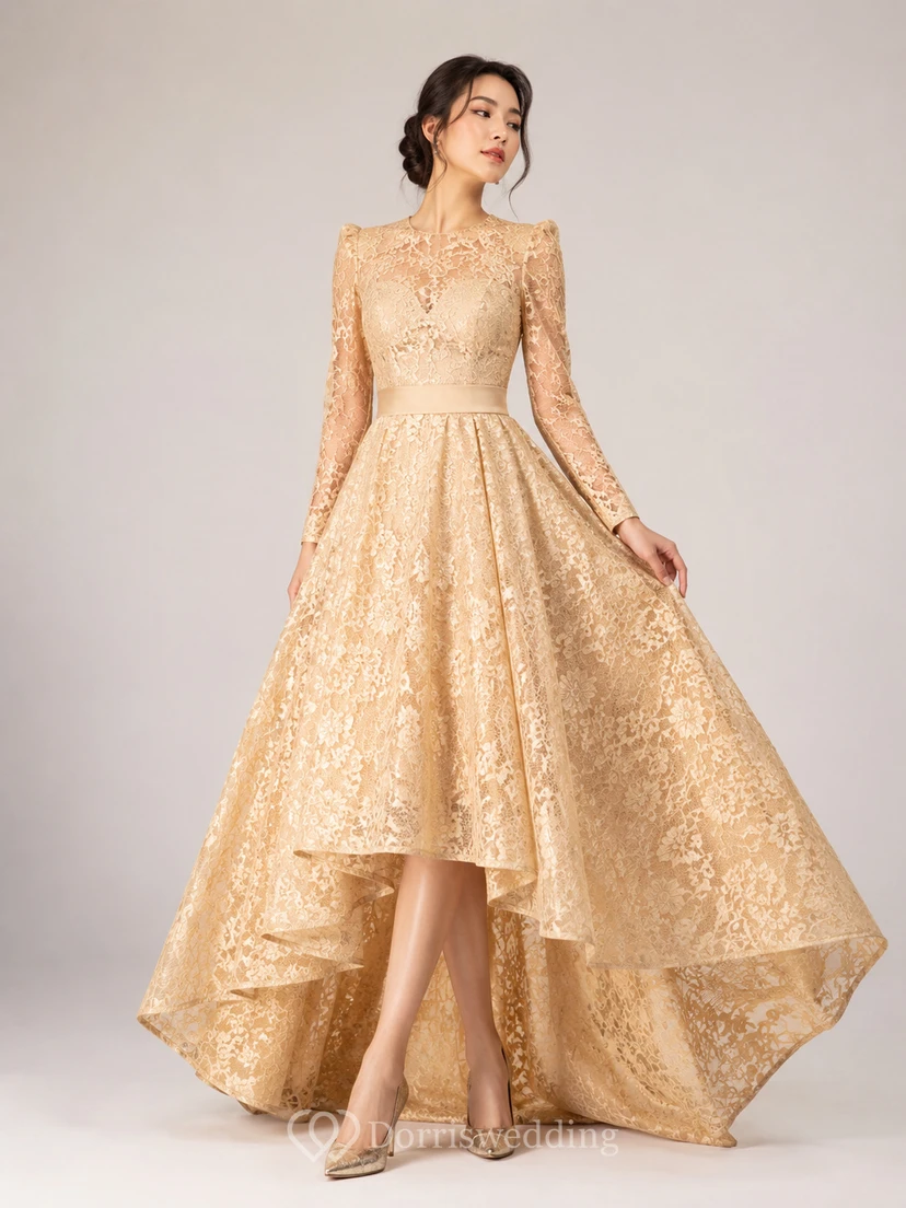Dramatic Black Damask Lace High-Low Prom Gown view 6