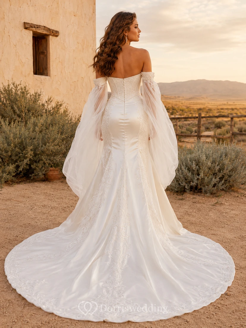Robe de mariée sirène en satin à épaules dénudées, style western, avec traîne chapelle spectaculaire en tulle et tulle. view 2