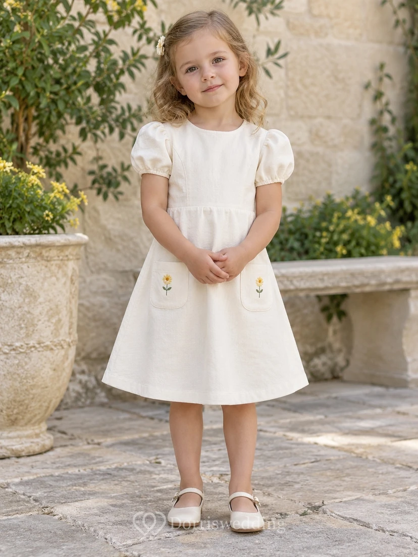 Modest Ivory Knee Length Yellow Daisy Embroidered Patch Pocket Puff Sleeve Flower Girl Dress