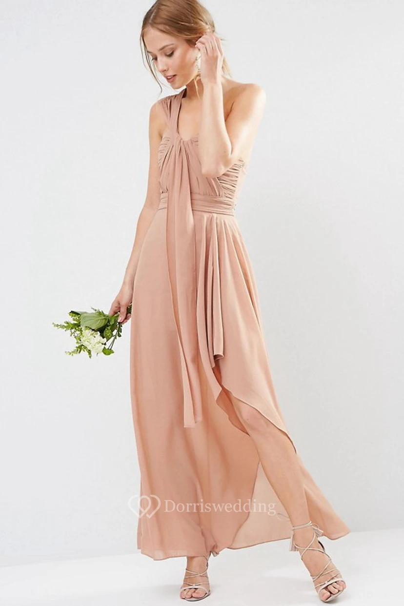 Ärmelloses, asymmetrisches, einseitig gerafftes Chiffon-Brautjungfernkleid in Rosa mit asymmetrischem Saum und One-Shoulder-Ausschnitt view 3