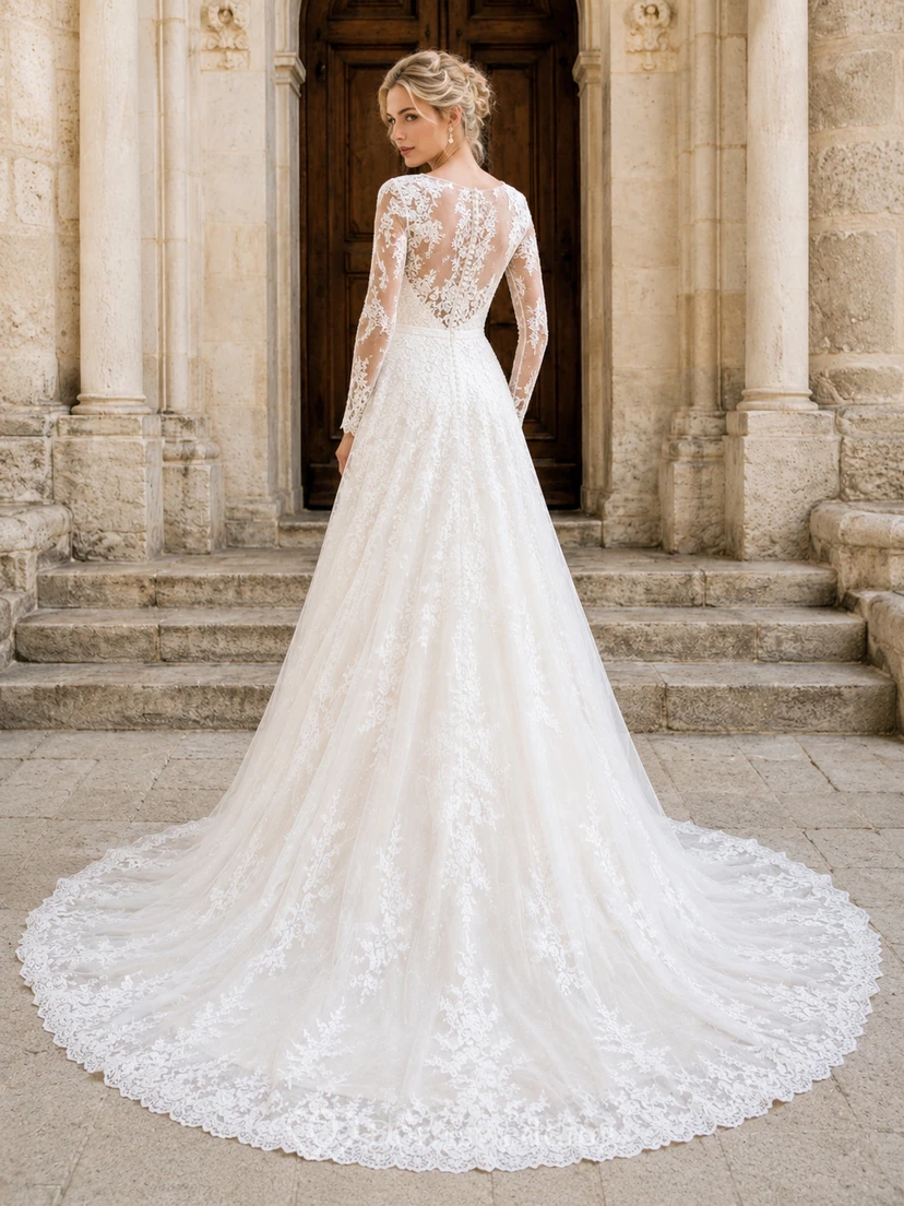 Long Sleeve Lace A-Line Chapel Classic Wedding Dress view 2