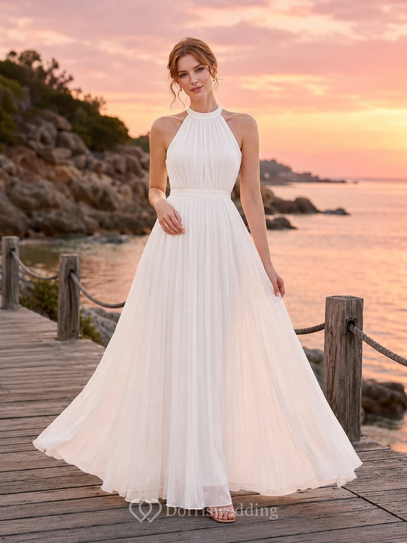 Halter Pleated Flowing Beach Dinner A Line Maxi Dress