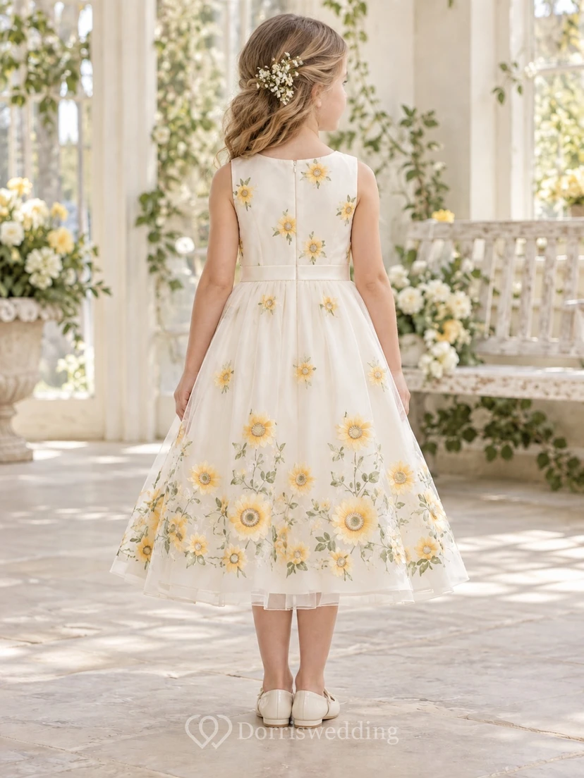 Tea-length Ivory Sleeveless Sunflower Floral Border Organza A-line Flower Girl Dress view 2