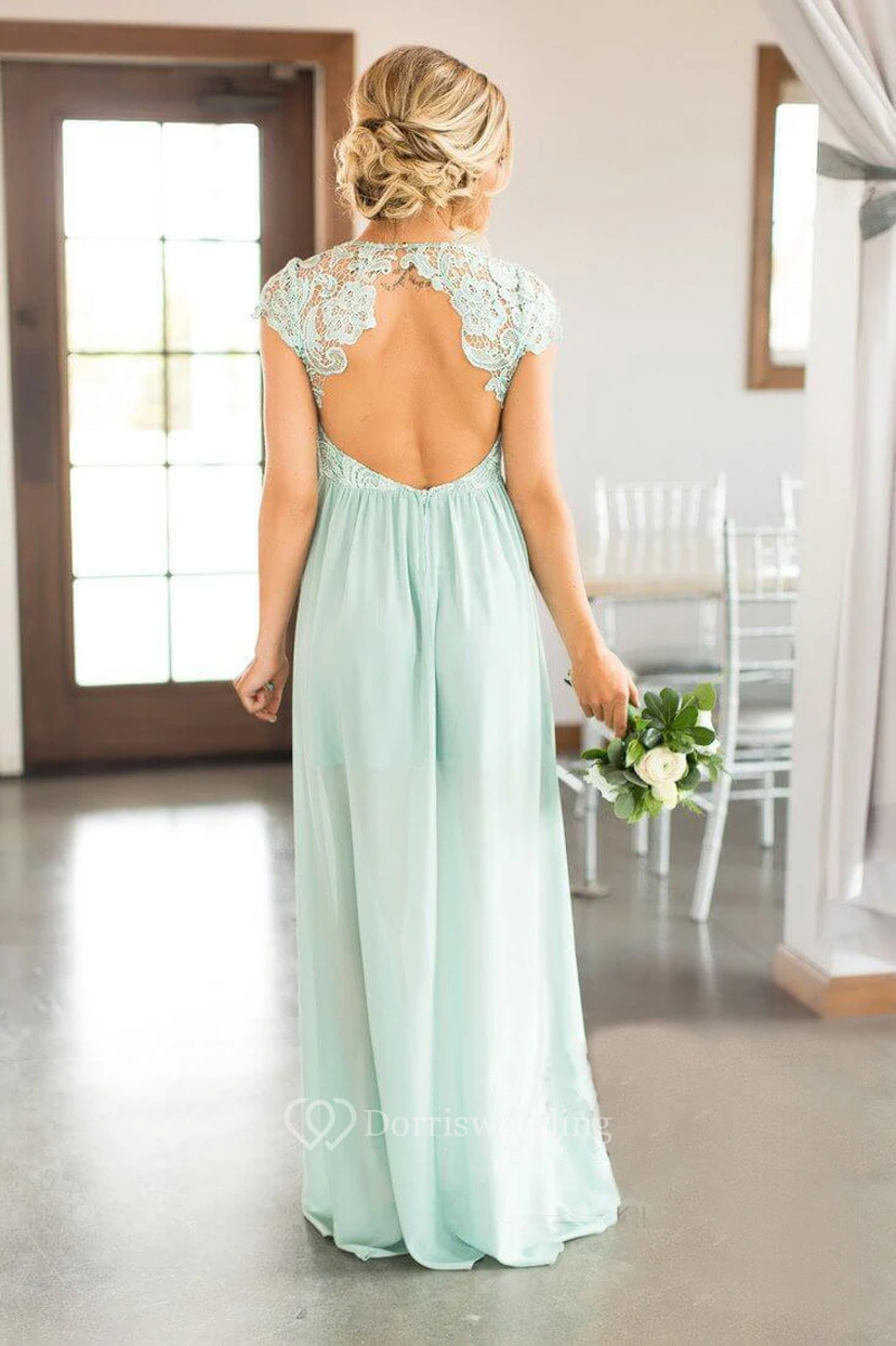 Chiffon Scoop-neck Cap-sleeve Long Bridesmaid Dress with Applique view 2