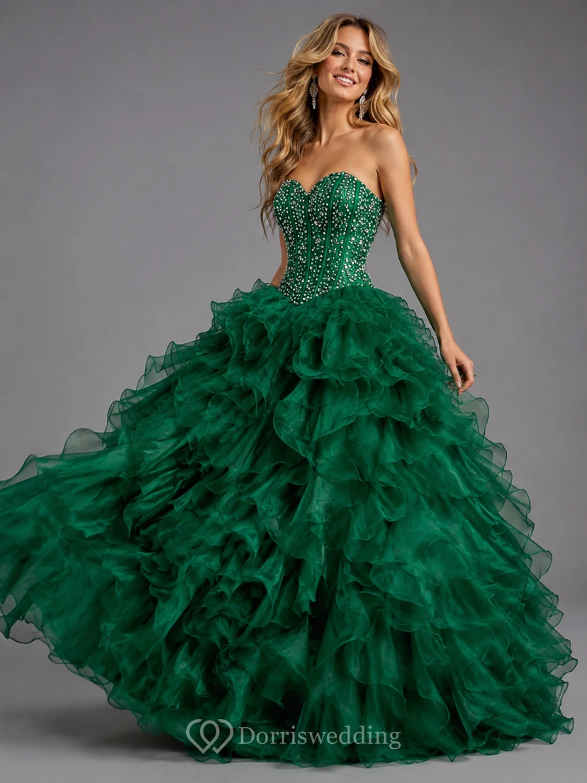 Ball Gown Floor-Length Bell Beading Ruffles Corset Back Lace Organza Dress view 3