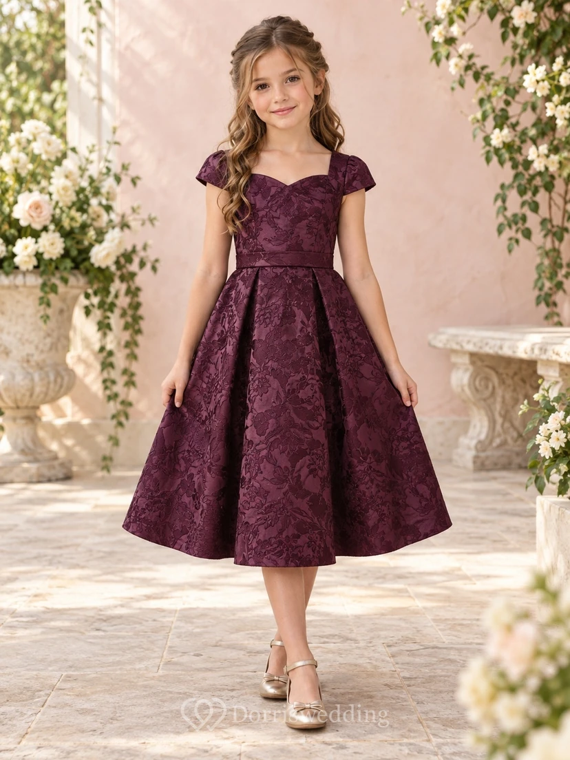 Tea-length Plum Sweetheart Cap Sleeve Floral Jacquard Flower Girl Dress