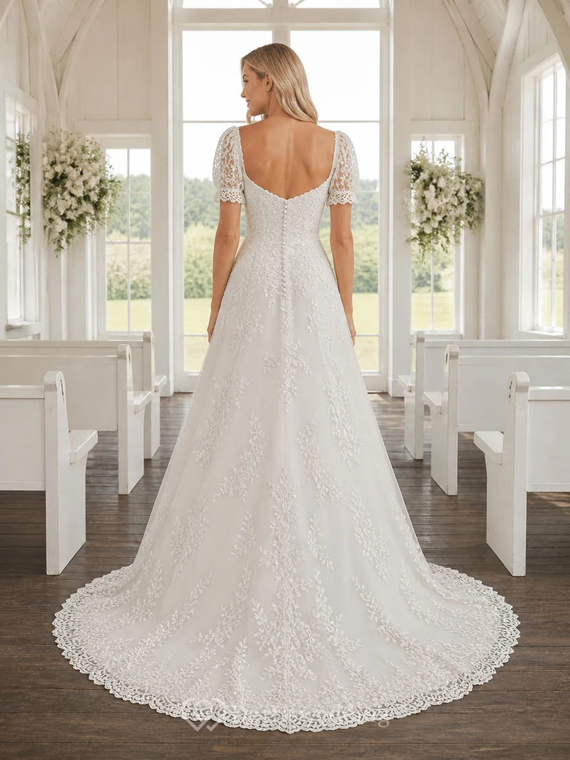 Vestido de novia vintage de manga corta, corte A, escote corazón, encaje rosa, cola de capilla view 2