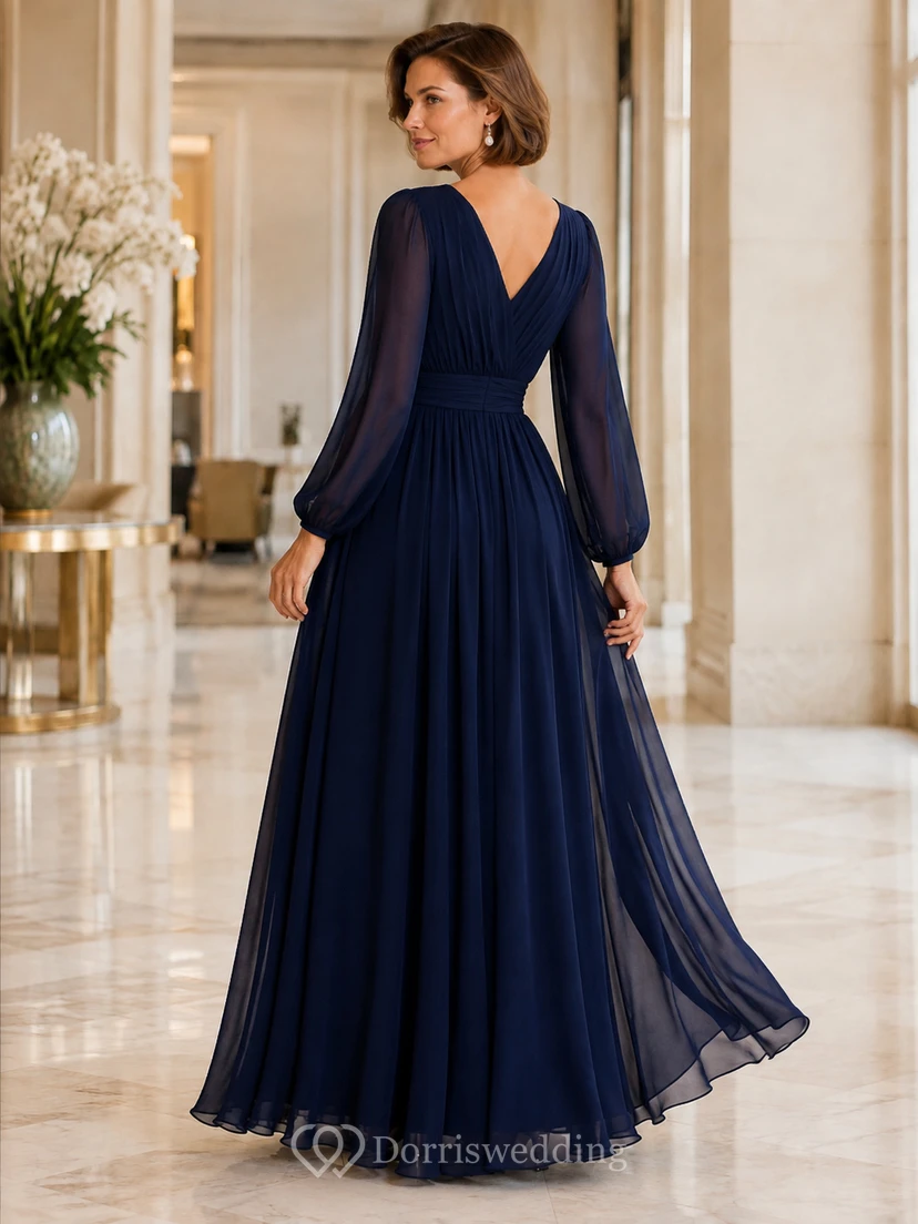 Dark Navy V-Neck Illusion Long Sleeve Chiffon Pleated Formal Mother Gown view 2