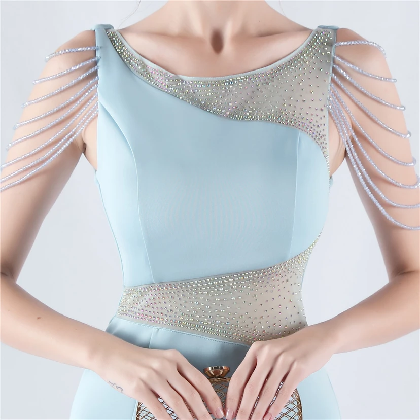 Heavy Hot Diamonds For Transparent Mesh High-Slit Satin Evening Dress Annual Meeting Wedding view 68