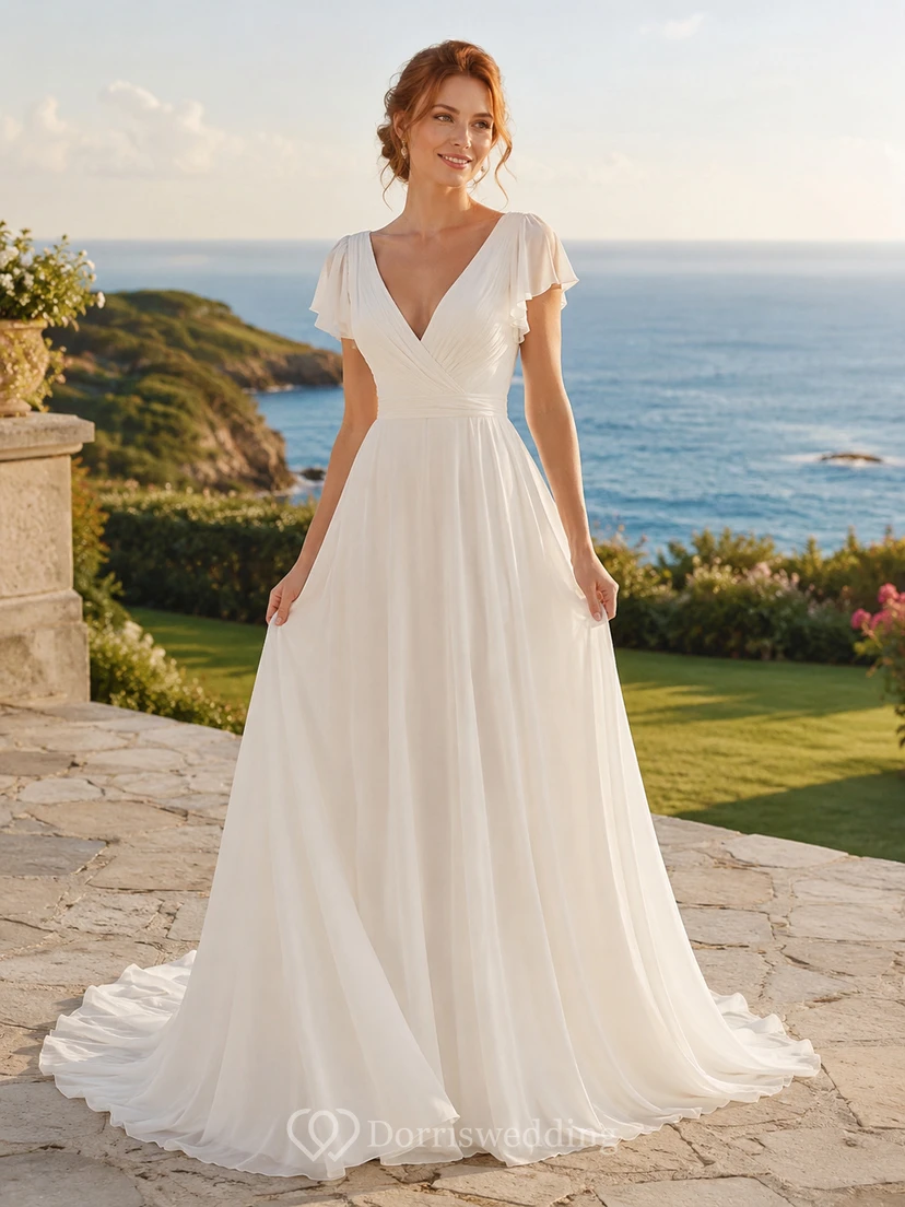 Chiffon-Hochzeitskleid, A-Linie, V-Ausschnitt, ärmellos, Kapellenschleppe, tiefer V-Ausschnitt am Rücken
