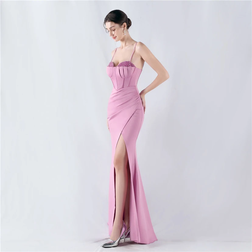 Fishbone Waist Set Crystal Diamond Satin Host Evening Dress view 3