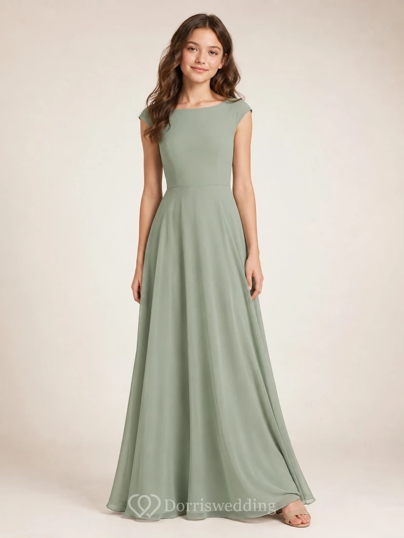 Vestido de dama de honor juvenil color celadón, corte en A, estilo joya, manga corta, camiseta, estilo romántico.
