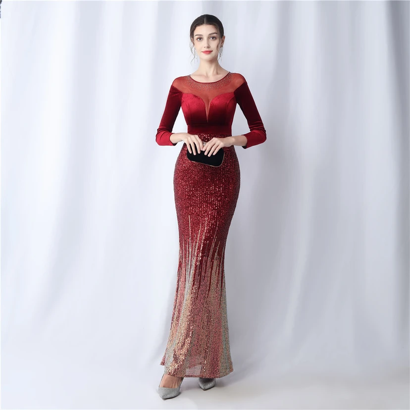 Long-Sleeved Fishtail Evening Dress High-End Atmosphere Elegant Banquet Temperament Velvet Aura Queen view 4