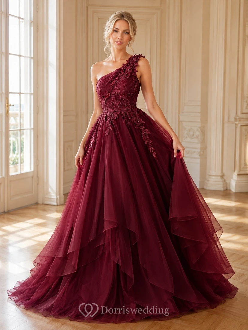 Burgundy One-Shoulder Ruffled Tulle Tiered Ball Gown Prom Dress