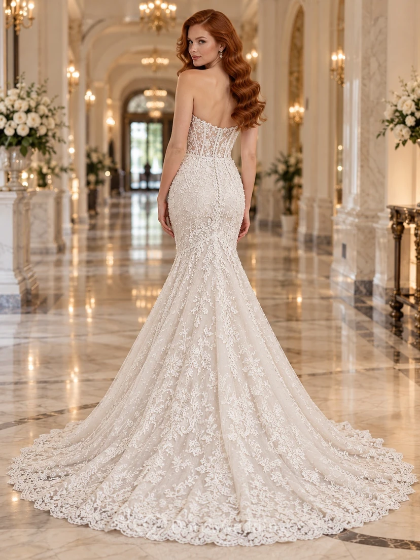 Mermaid Strapless Sweetheart Beaded Lace Chapel Train Wedding Dress view 2
