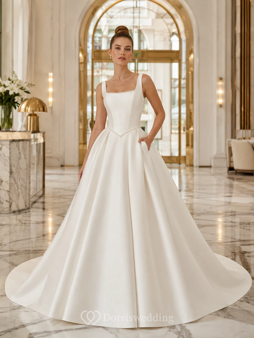 Robe de bal plissée en satin, col carré, sans manches, traîne cathédrale, nœud sculptural, robe de mariée pour une destination de mariage