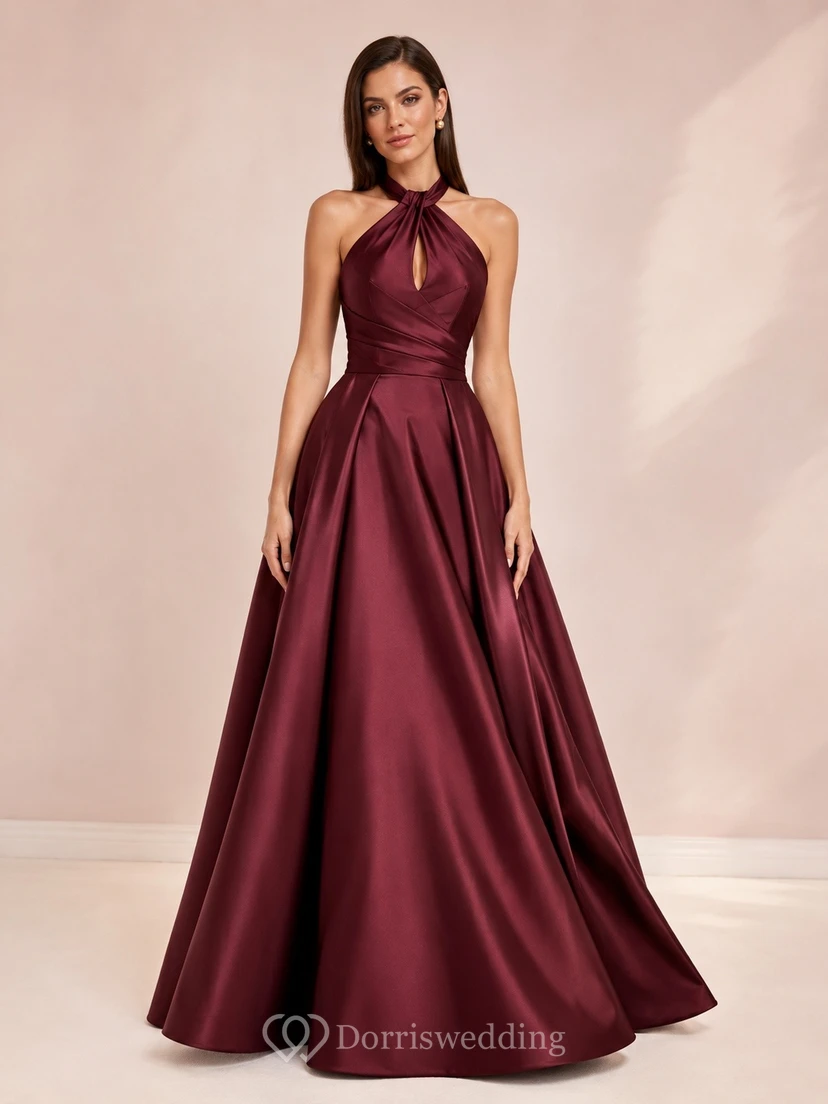 Burgundy Halter Sleeveless Satin Sweep Train Ball Gown