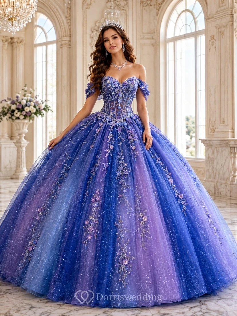 Purple Blue Tulle Floral Off Shoulder Ball Gown Quinceanera Floor Length Dress