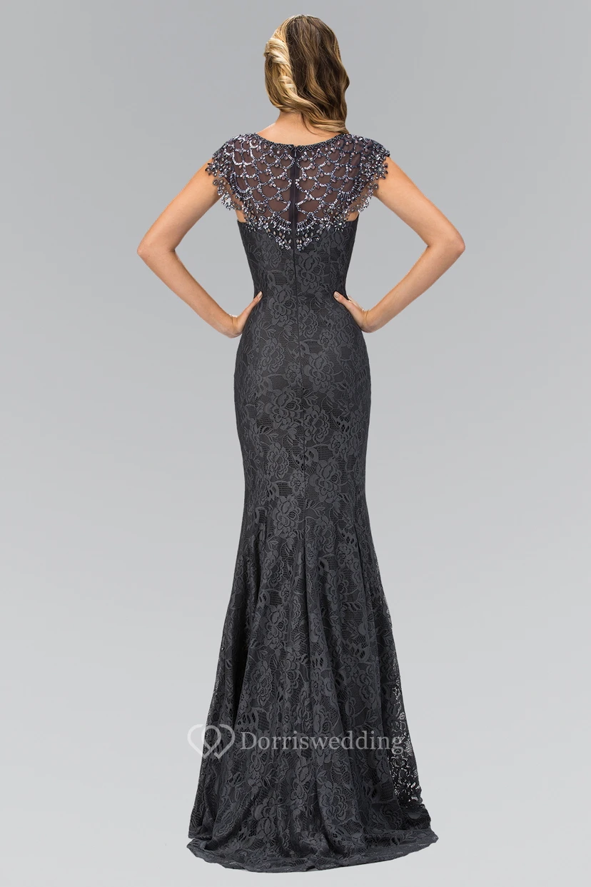 Sheath Long Scoop-Neck Cap-Sleeve Lace Zipper Dress With Bpt view 2